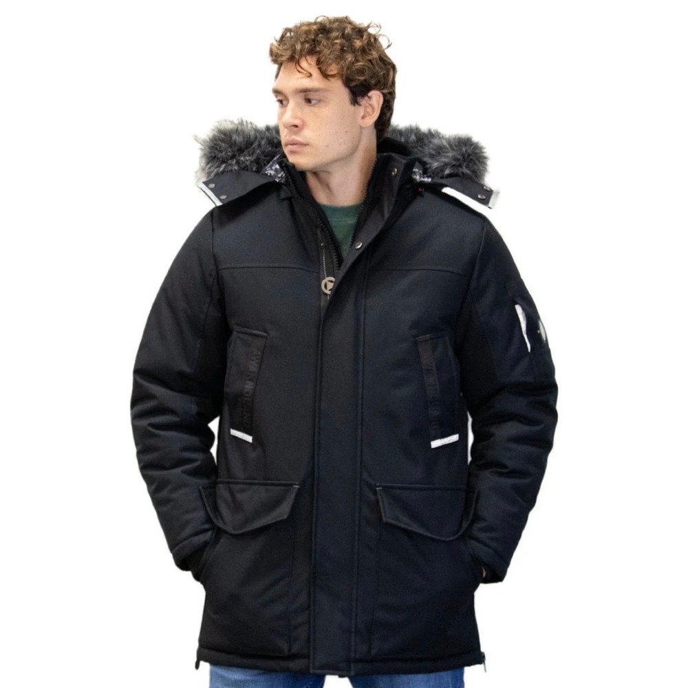 Awaknd Land Mens Heavyweight Parka Black Faux Fur Hood Tech Winter Coat Sz XL